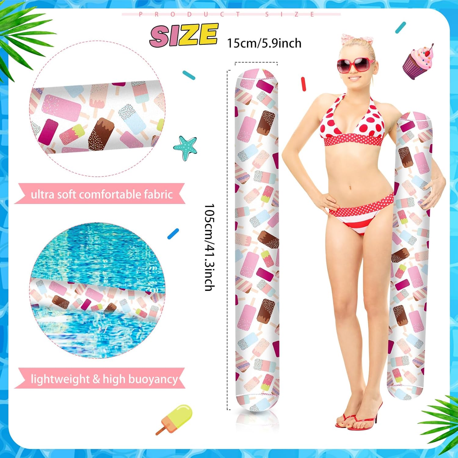 WinnerWhy 2 Pcs Inflatable Pool Noodles 41.3 Inch Fabric Pool Floats Adult Hawaii Swim Butter Noodles Tropical Inflatable Float for Summer Beach Hawaii Party Sports