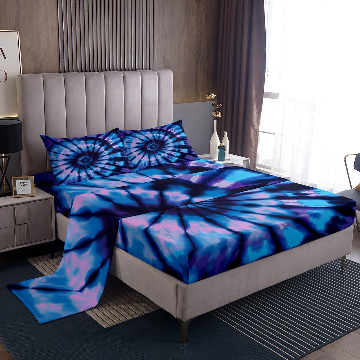 Erosebridal Purple Tie Dye Fitted Sheet, Blue Spiral Tie Dye Sheet Set, Hippie Bed Sheets, Boho Bohemian Gypsy Hippie Bed Cover, Abstract Printed 1