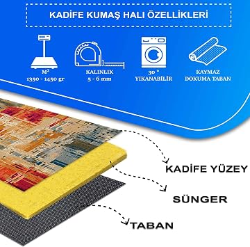 Latte Dizayn Orya Desenli Kadife Pamuk Tabanlı Yıkanabilen Kaydırmaz Antibakteriyel Salon Halısı 120x180