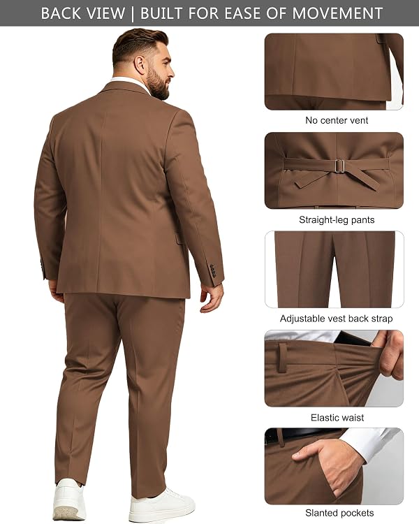 GATMSTZ Men's Big and Tall 3-Piece Brown Suit Classic Fit Suits for Men Wedding Prom Dinner Party Tuxedo 58R by GATMSTZ - Used condition - Image 3
