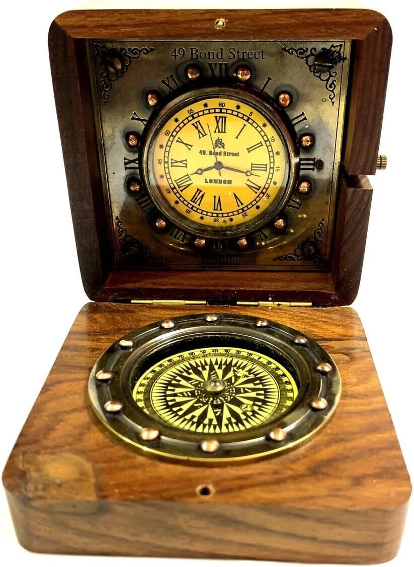 Authentic Wooden Vintage style Clock-Compass in Rose Wood Box Table Desktop Clocks Bedside Wedding Baptism Gift for Him/Her unique gift Brass compass - clock Fitted in wooden box Sundial GIFT