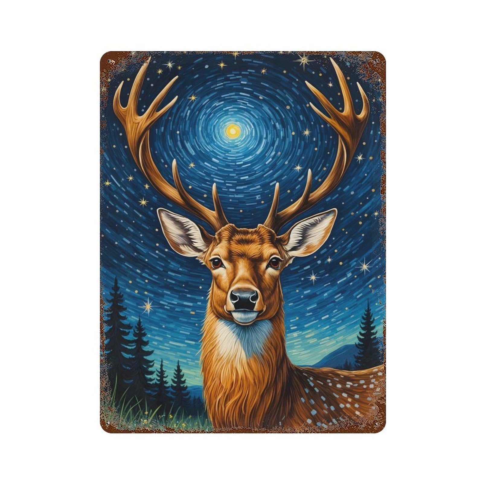 Rust Effect Deer Starry Night Rusty Metal Tin Sign 15.7"x11.8", Farmhouse Wall Decor for Shed, Workshop And Garage Wall Decor