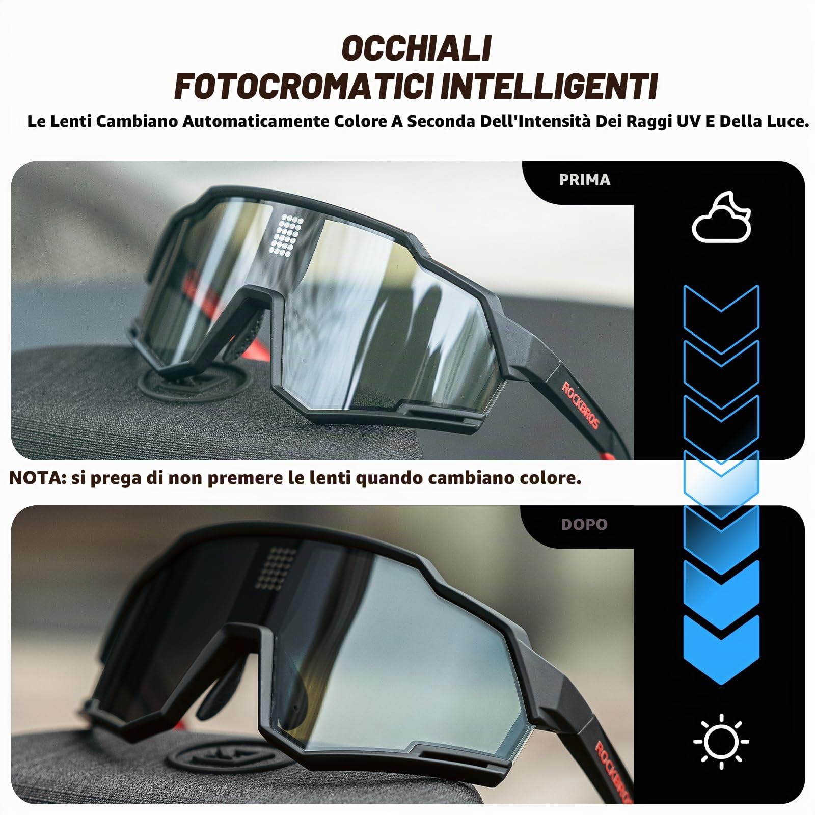 ROCKBROS Occhiali Ciclismo da Sole Uomo Donna, Occhiali Sportivi Fotocromatici+Polarizzati per Bici MTB, con Chip Fotosensibile, Protezione UV 400, Montatura TR90