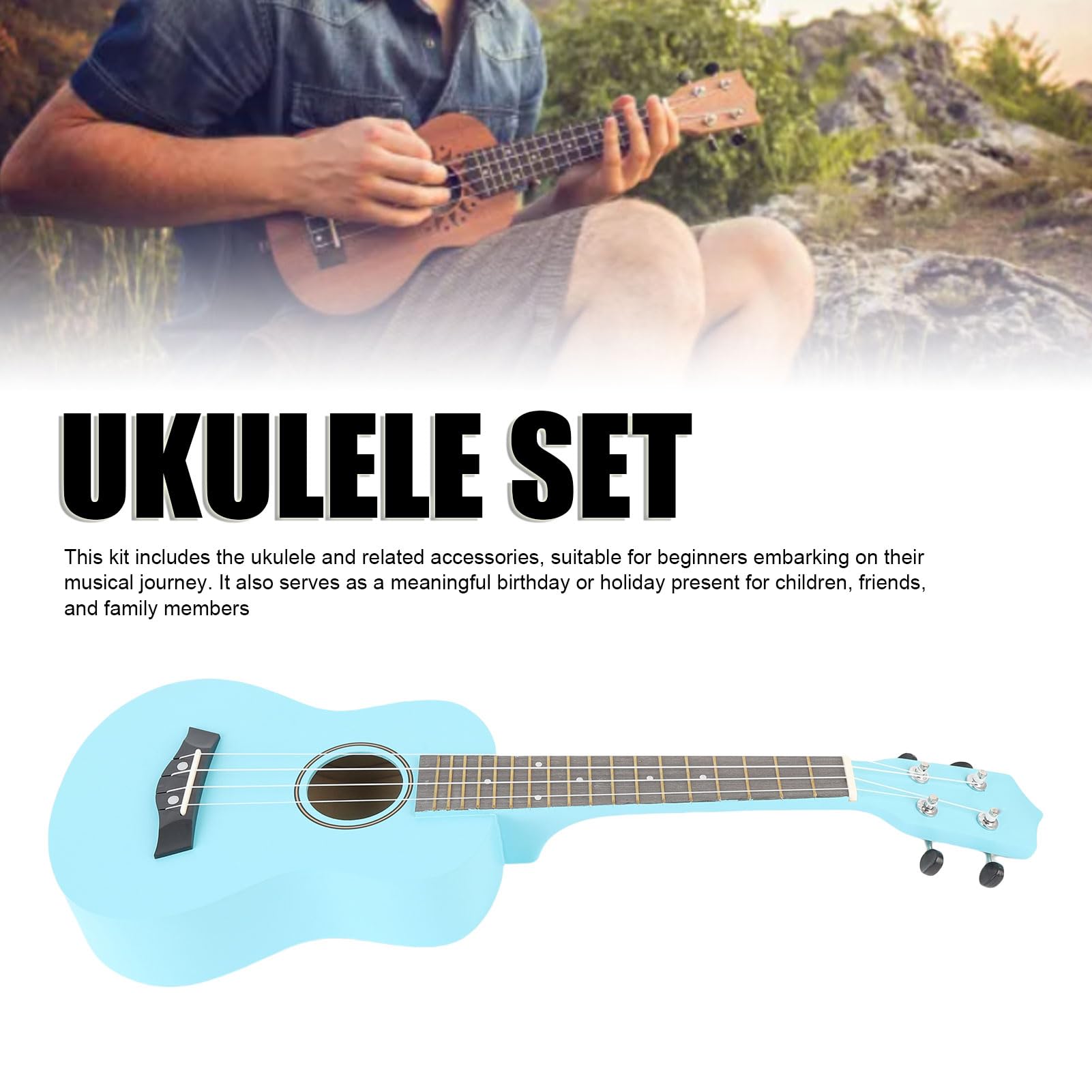 Starter Kit per Ukulele in Tiglio da 61 Cm con Accordatore digitale. Il Set per Ukulele per Principianti a 4 Corde Include Corde in Nylon, Plettri e Borsa per Il Trasporto per Imparare e