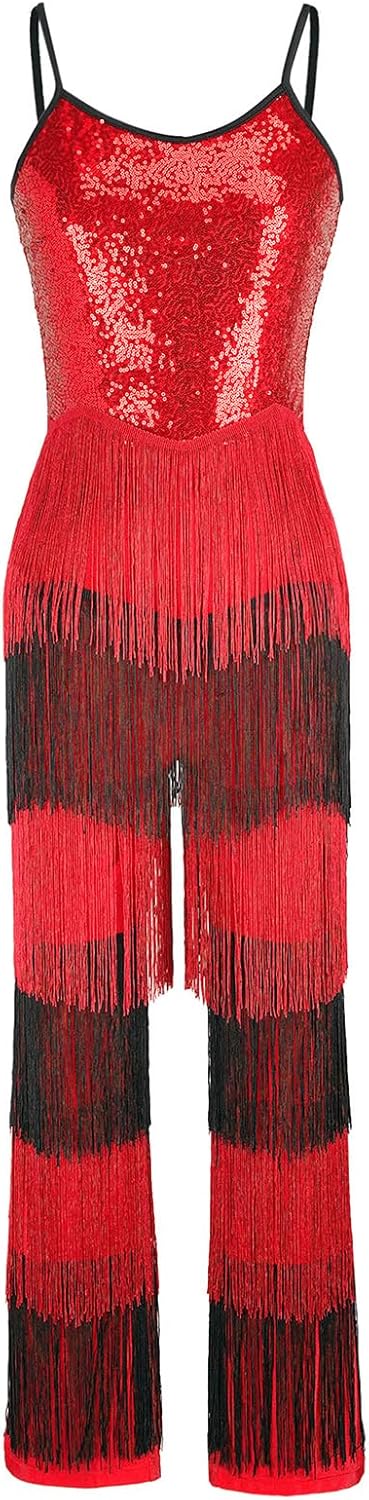 ranrann Women High Waist Dance Jumpsuit One Piece Unitard Retro 70s 80s Disco Wear Sleeveless Sequin Fringe Romper