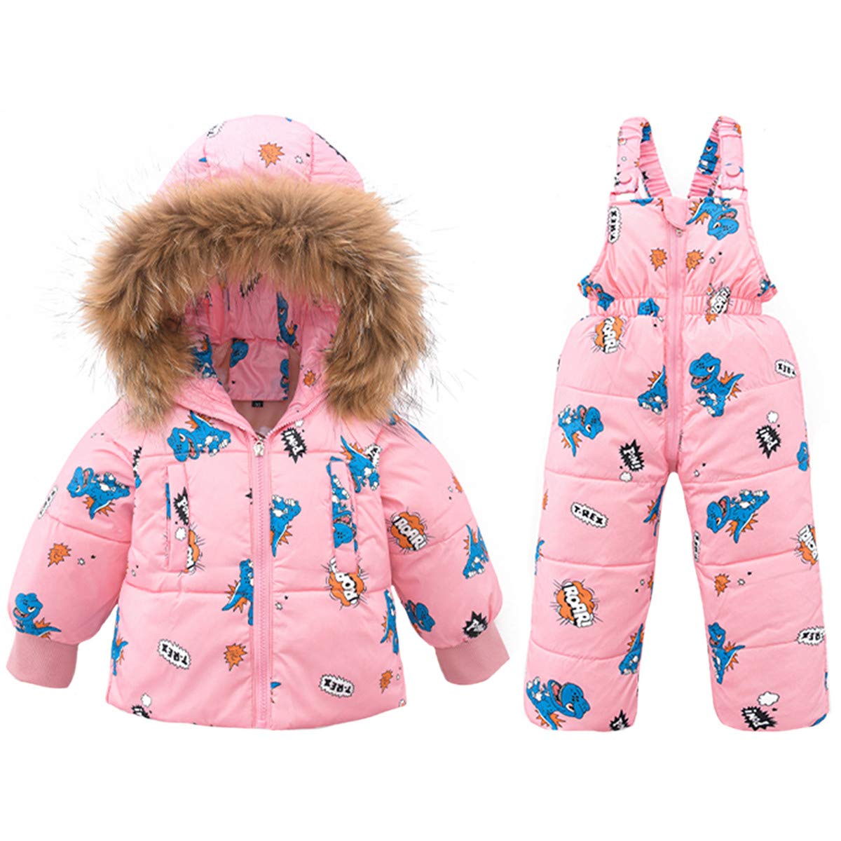 JELEUON Baby Girls Two Piece Winter Warm Fur Trim Hooded Cute Dinosaur Puffer Down Jacket with Ski Bib Pants Snowsuit (1-2 Years, Pink)