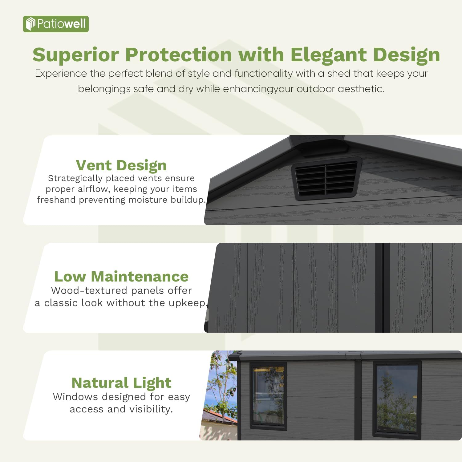 Graphic detailing superior protection and design features of the Patiowell shed.