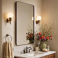 Vista 7 de GRACTO Espejo de baño con marco de metal dorado cepillado de 24 x 30 pulgadas para pared en acero inoxidable redondeado rectangular espejo