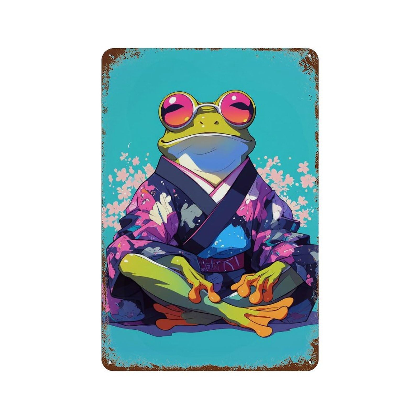 Frog in Kimono with Sunglasses Weathered Tin Sign 11.8"x7.9", Classic Wall Plaque for Garage, Bar And Workshop Decor
