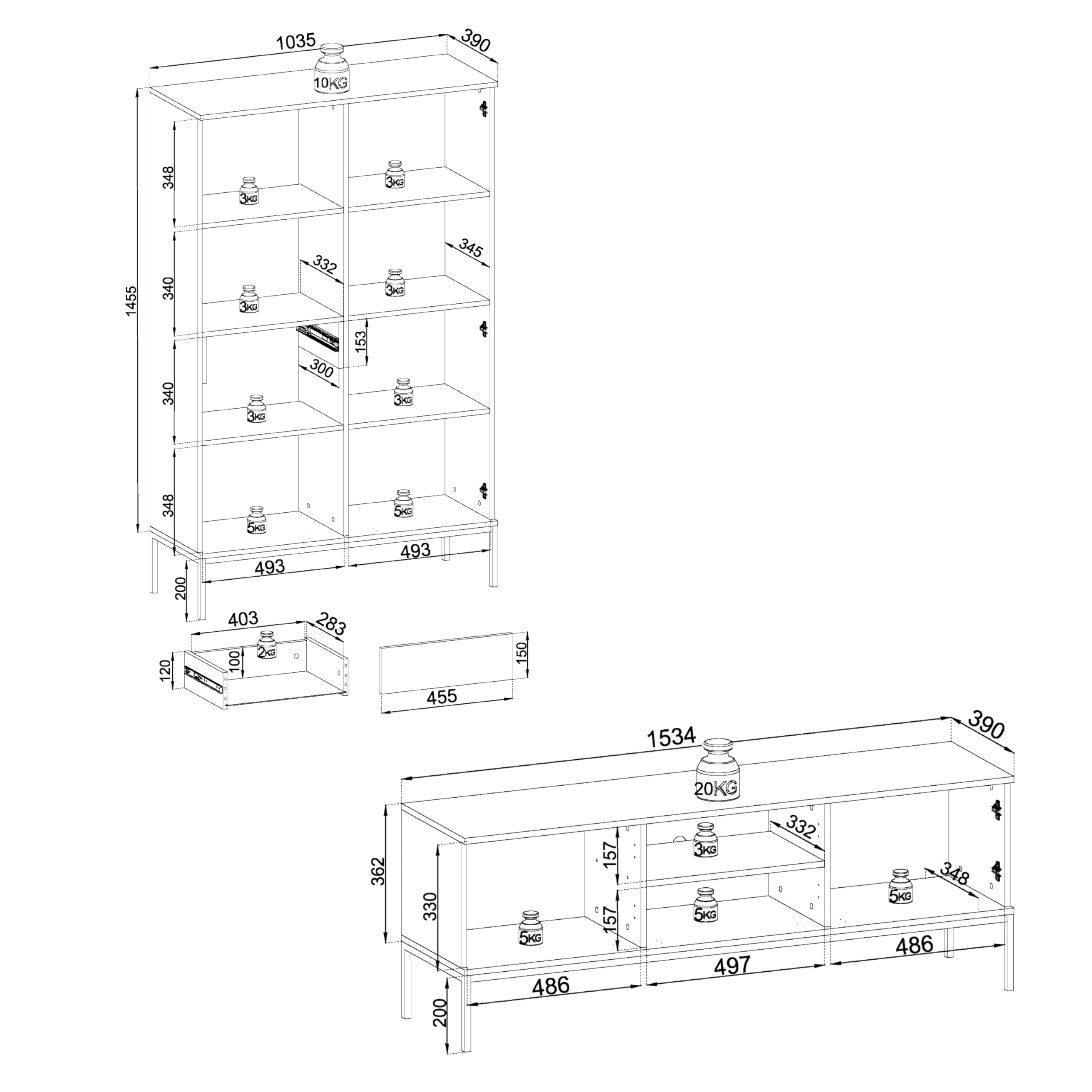 Komodee Wohnwand-Set Laval A1 Schwarz/Eiche Wotan 257x126x39 cm