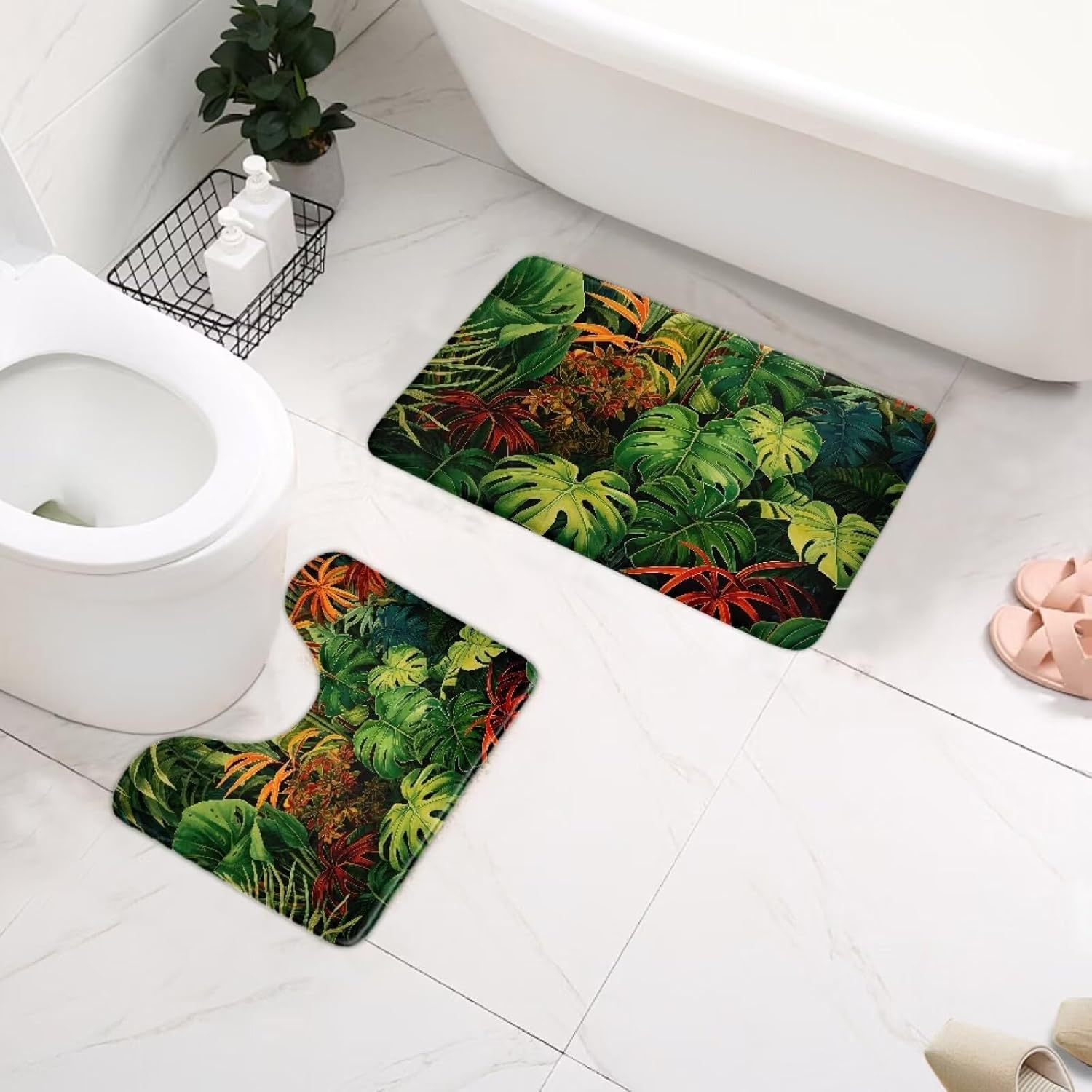 Tropical Leaves Bathroom Rugs Non Slip Bathroom Mats Green Bath Mats for Bathroom Rug Set Toilet Bath Mat U-Shaped Contour Toilet Rug
