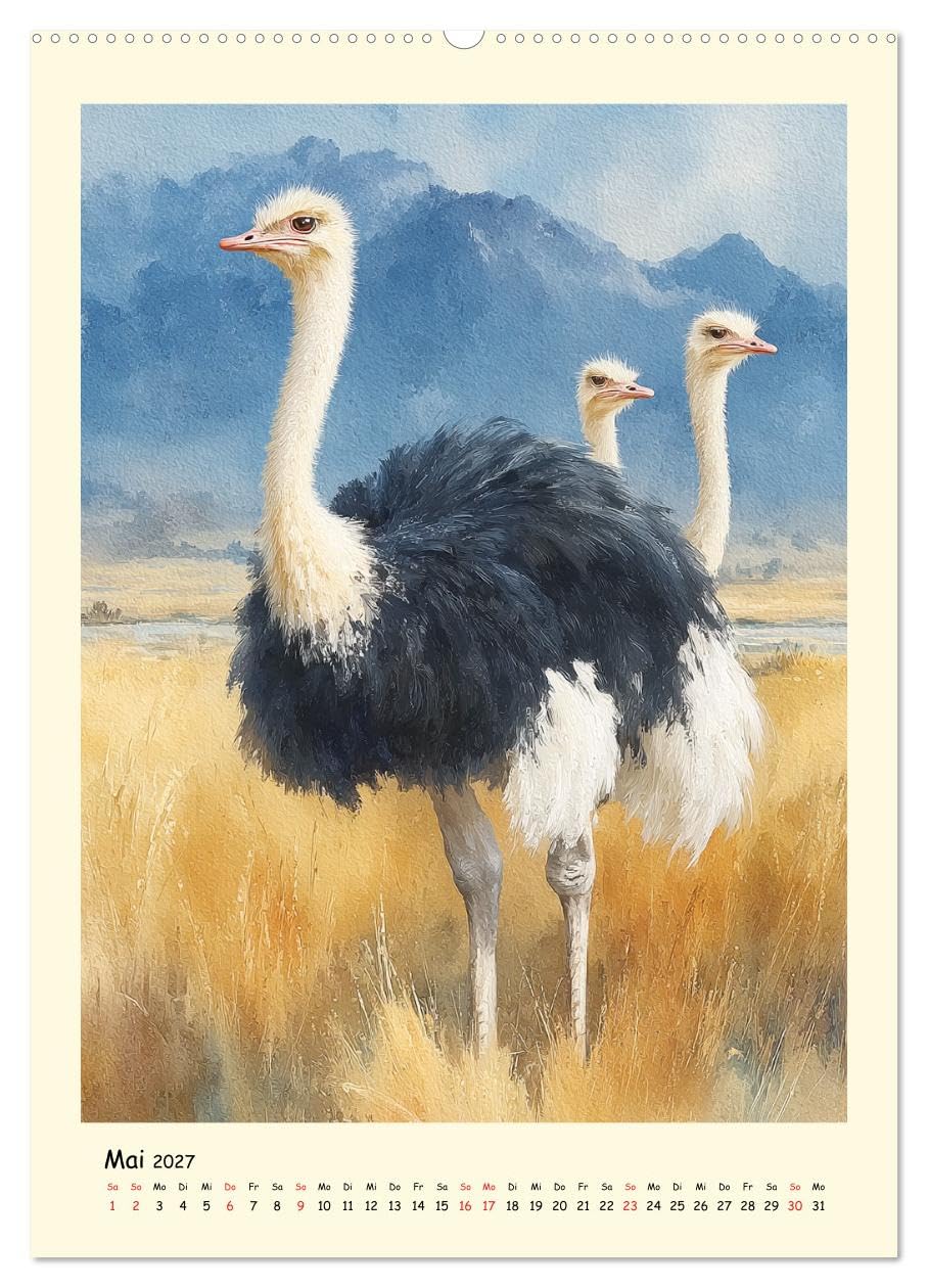 Strauße. Afrikas große Laufvögel in Aquarelloptik (Wandkalender 2027 DIN A2 hoch), CALVENDO Monatskalender: Die majestätische Ruhe und dynamische ... in schönen Illustrationen (CALVENDO Tiere)