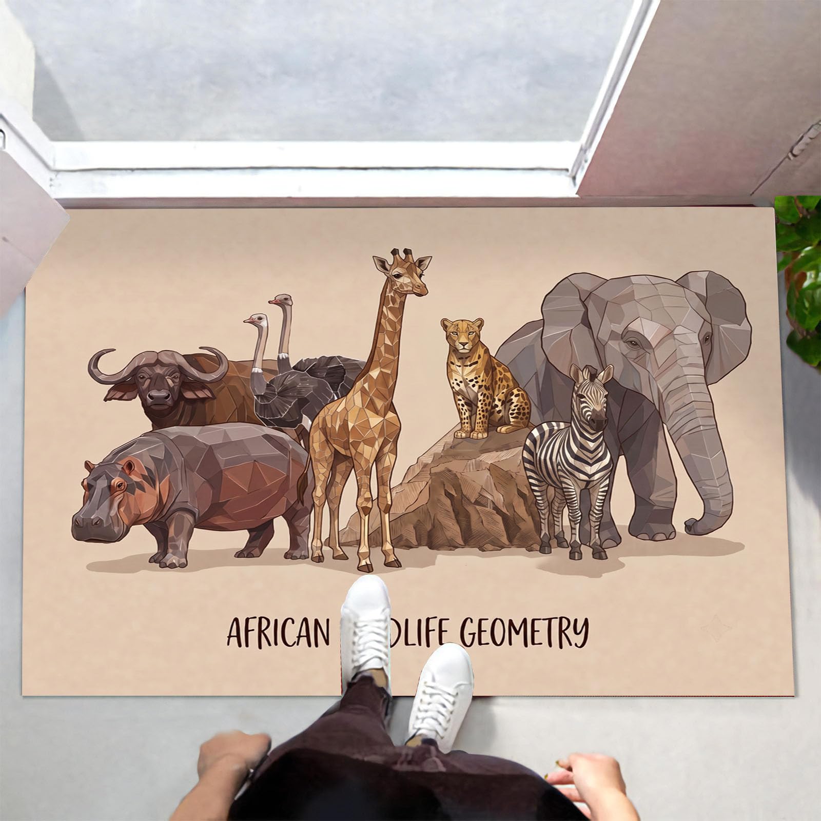 Zerbino Ingresso Interno Fauna Selvatica Africana, Zerbino Di Benvenuto Lavabile Morbida Giraffa Elefante, Antiscivolo Tappeto Da Decorazioni Beige Per Casa Porta, 60X90Cm