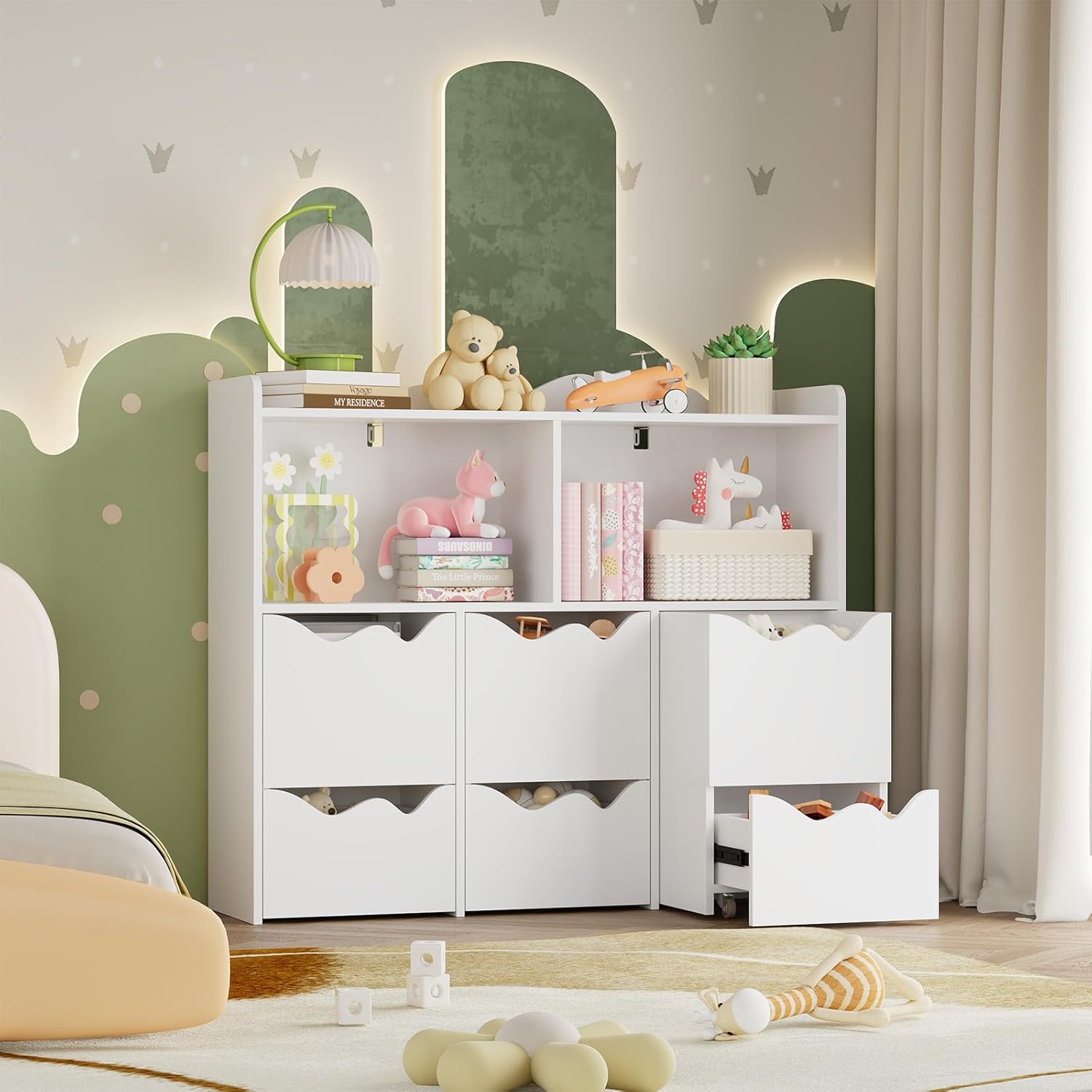 34.5" W Toy Storage Organizer, Bookshelf with 1 Display Shelf & 2 Open Cubbies & 3 Movable Cabinets & 3 Drawers, Bookshelf with Toy Storage Cabinet for Playroom Storage(White)