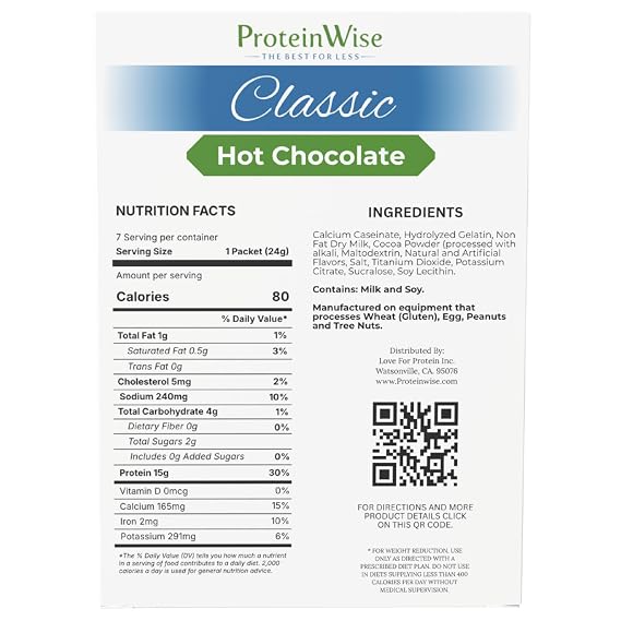 Proteinwise High Protein Hot Chocolate, Classic, Low Carb, Trans Fat Free, Low Sugar, Cholesterol Free, 7 Servings