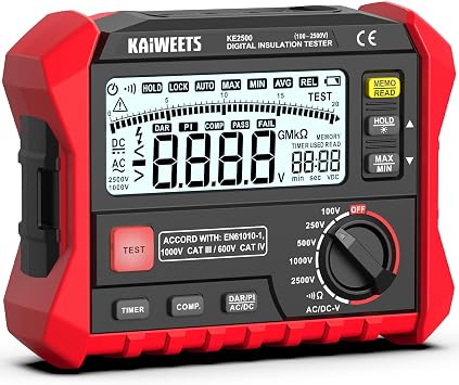 KAIWEETS Insulation Resistance Tester, Up to 200G, Pro Megohmmeter, 5 Range 100V/250V/500V/1000V/2500V, One-Toch DAR/PI, Max/Min, Measures Resistance, AC/DC Voltage for HVAC, Motors, Solar, KE2500