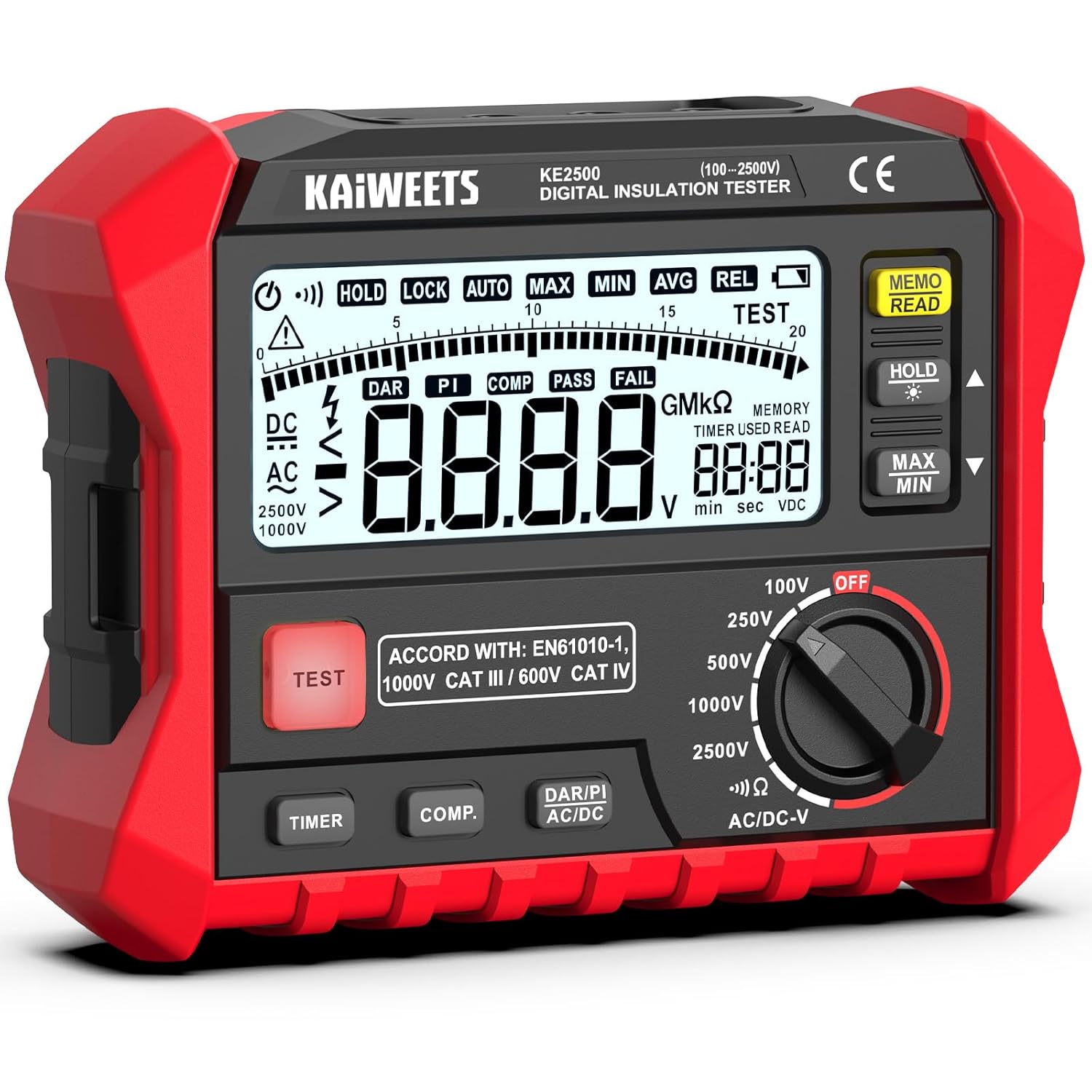 KAIWEETS Insulation Resistance Tester, Up to 200GΩ, Pro Megohmmeter, 5 Range 100V/250V/500V/1000V/2500V, One-Toch DAR/PI, Max/Min, Measures Resistance, AC/DC Voltage for HVAC, Motors, Solar, KE2500