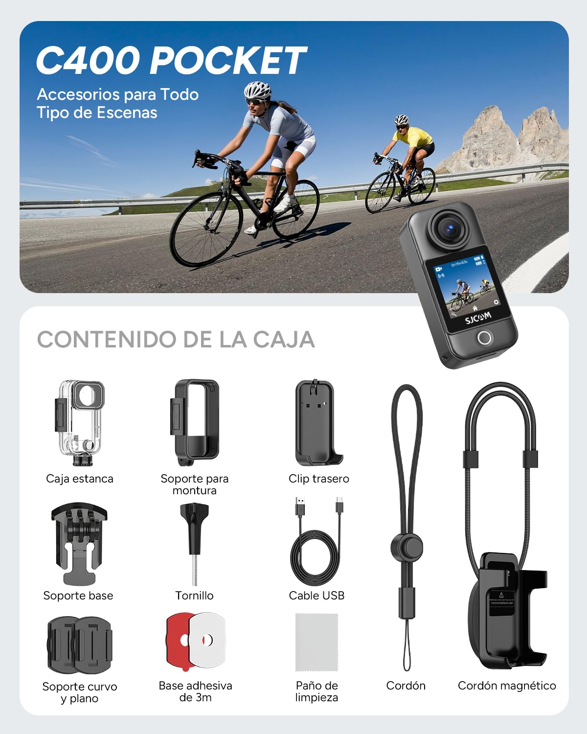 SJCAM C400 Pocket Paquete POV (Sin Tarjeta),Camara Vlog 4K con 172 Min,Pantalla TáctilMini Cámara Deportiva Estabilización de 6 Ejes,Impermeable,Ideal para Vlogs,Viajes y Paseos,Negro