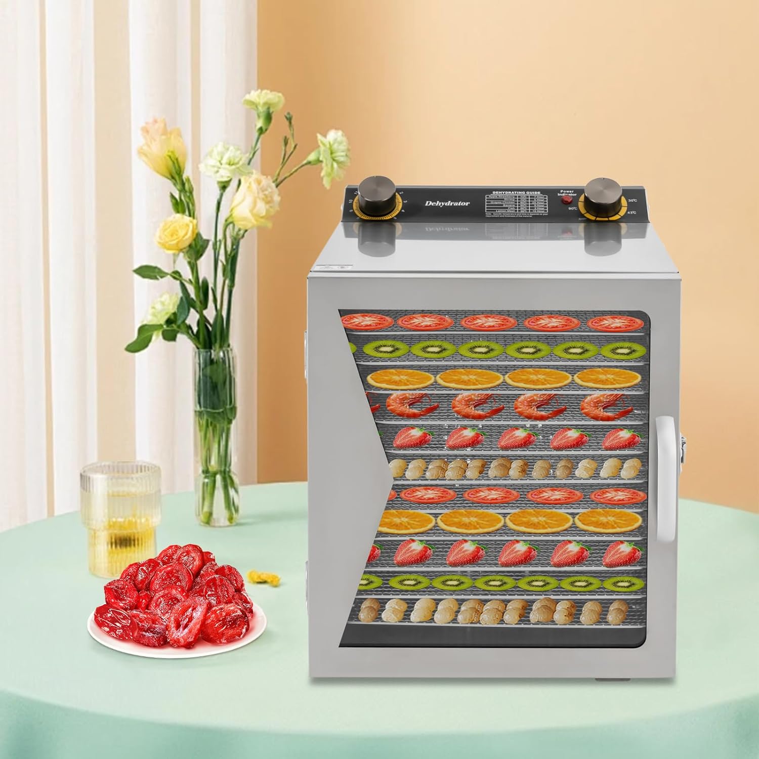 ​​Food Dehydrator Machine 800W Commercial with 12 Stainless Steel Trays, Temperature Control 86-194°F & Timer, Secure Lock Door for Fruits, Vegetables, Meat, Herbs & Jerky (Silver, 110V)​