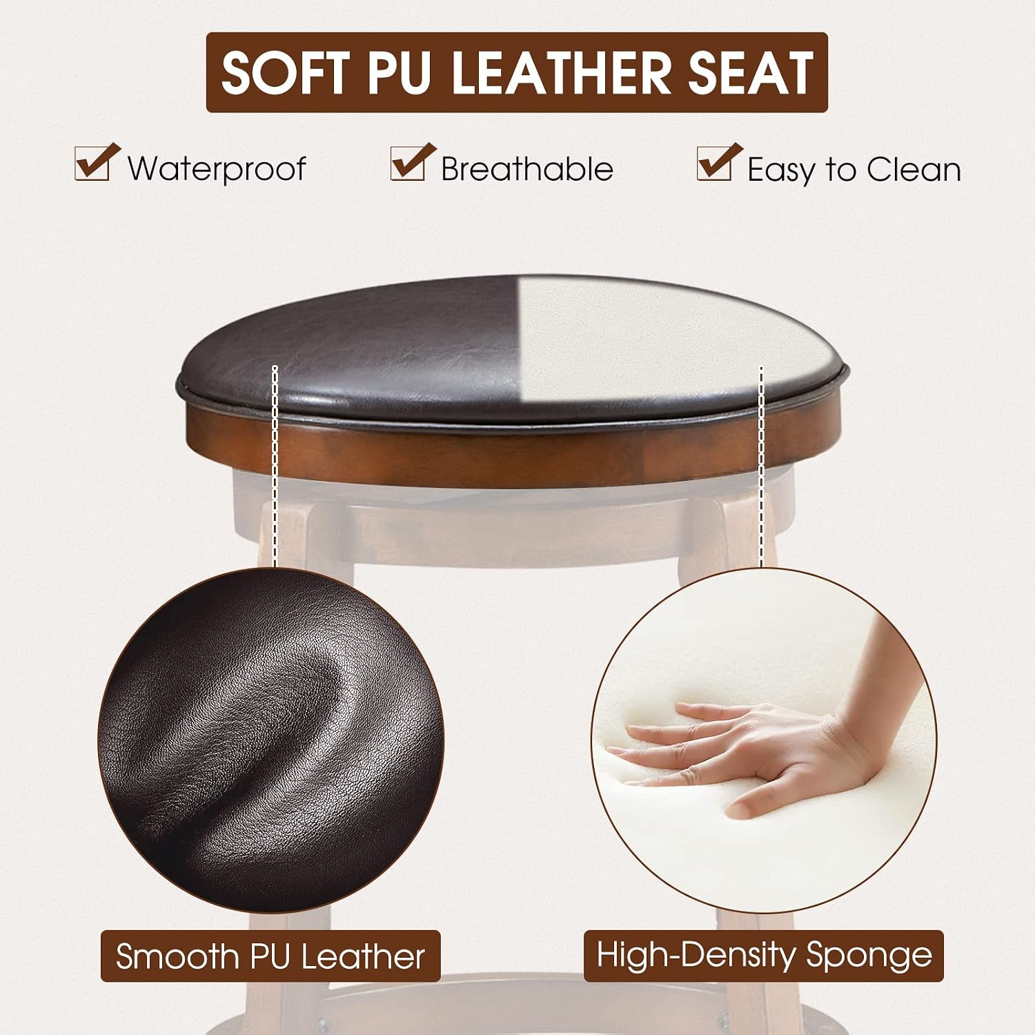ERGOMASTER 29 Inch Swivel Bar Stools Set of 4, Rubber Wood, Brown