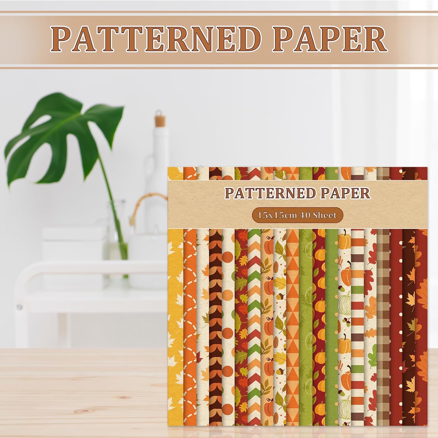 Whaline 40 Pcs Fall Pattern Paper, Autumn Leaves Pumpkin Plaid Waves
