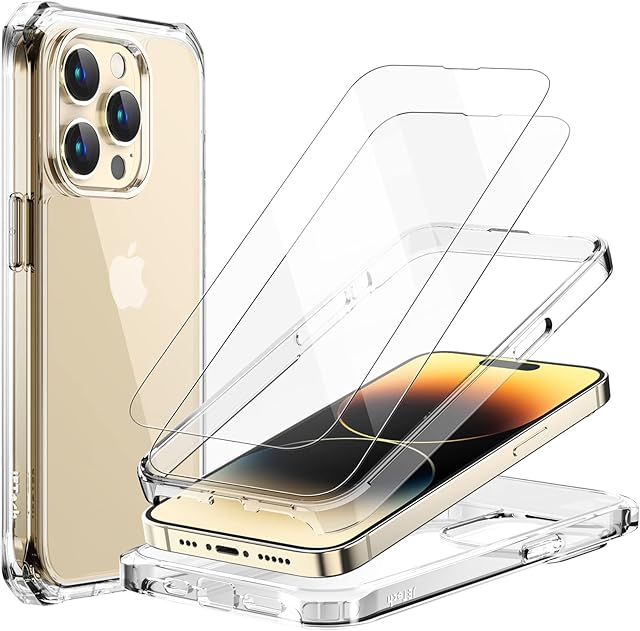 JETech Case for iPhone 14 Pro Max 6.7-Inch with 2-Pack Tempered Glass Screen Protector, 360 Full Body Shockproof Bumper Phone Cover Protective Clear Back (Clear)