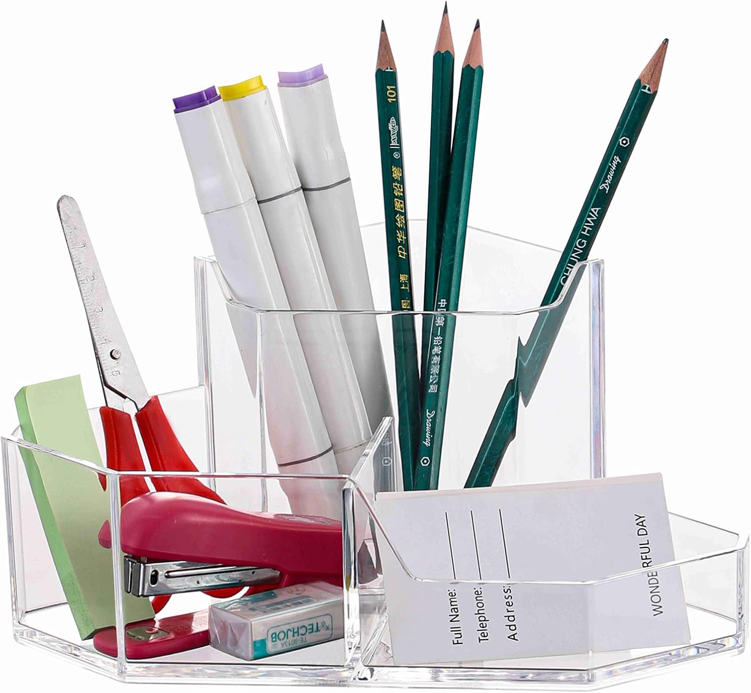 Cq acrylic Pencil and Pen Holder For Desk 3 Compartment Cute Pen Cup Durable Desk Organizers for Middle High School Office College Student Clear Pack of 1
