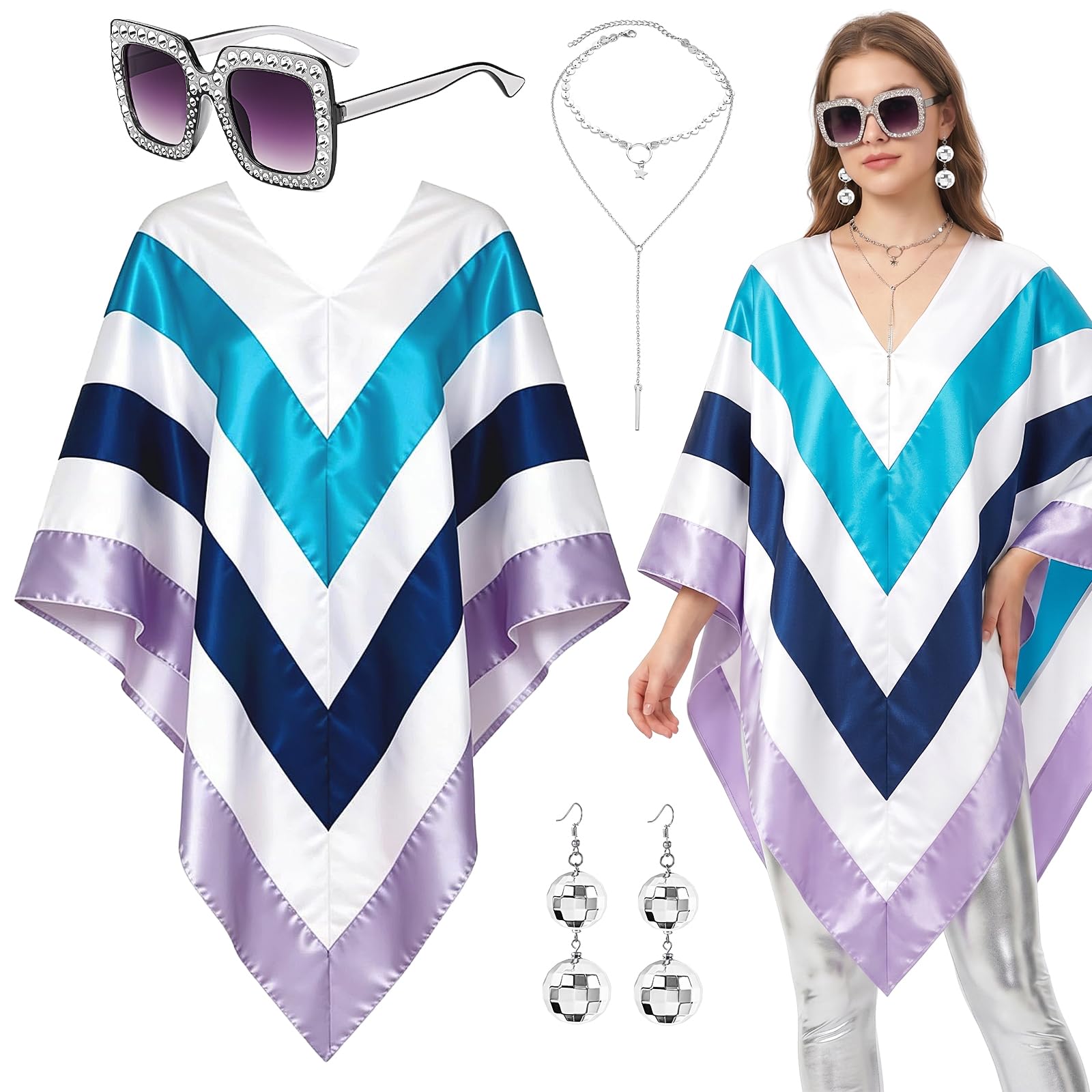 Vervora 4 Pcs 70s Fancy Dress Set for Women, Disco Poncho Costume Accessories with Retro Square Sunglasses, Ball Earrings and Layered Necklace for 70s Theme Party, Festival, Hen Night (Silver)