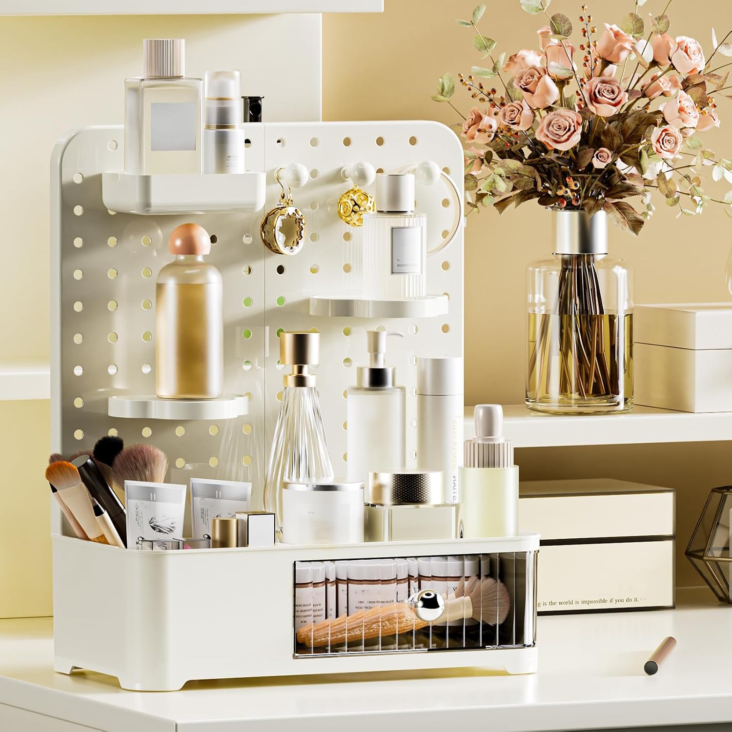 Makeup organizer with drawer hooks and adjustable shelves for vanity