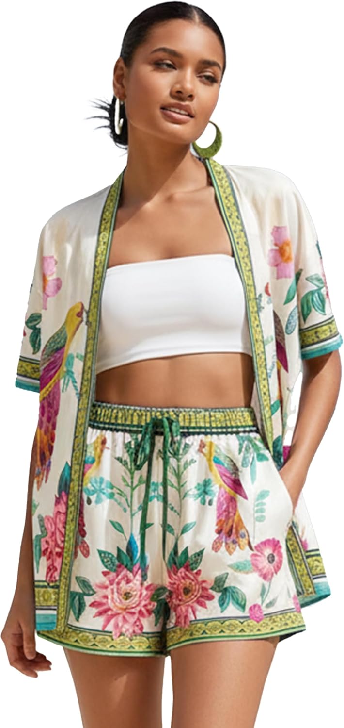 Women Boho Tropical Print Beach Cover Up 2 Piece Set Summer Short Sleeve and Shorts Lounge Outfit Lightweight
