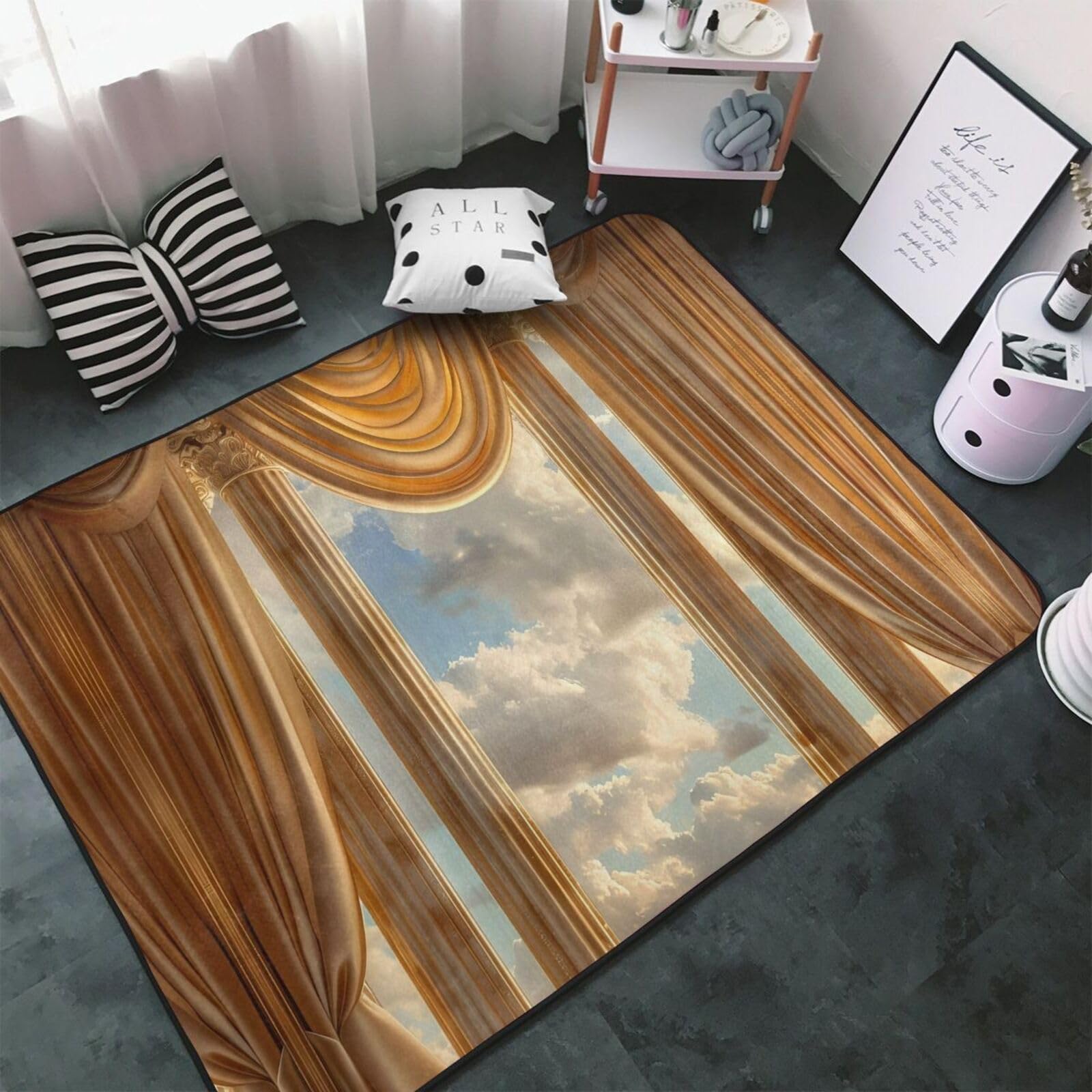 Teppiche für Wohnzimmer-Dekoration, goldene Vorhänge, Säulen, Wolken, rutschfest, waschbar, 7,6 x 12,7 cm, für Schlafzimmer, Wohnzimmer, 152,4 x 99 cm