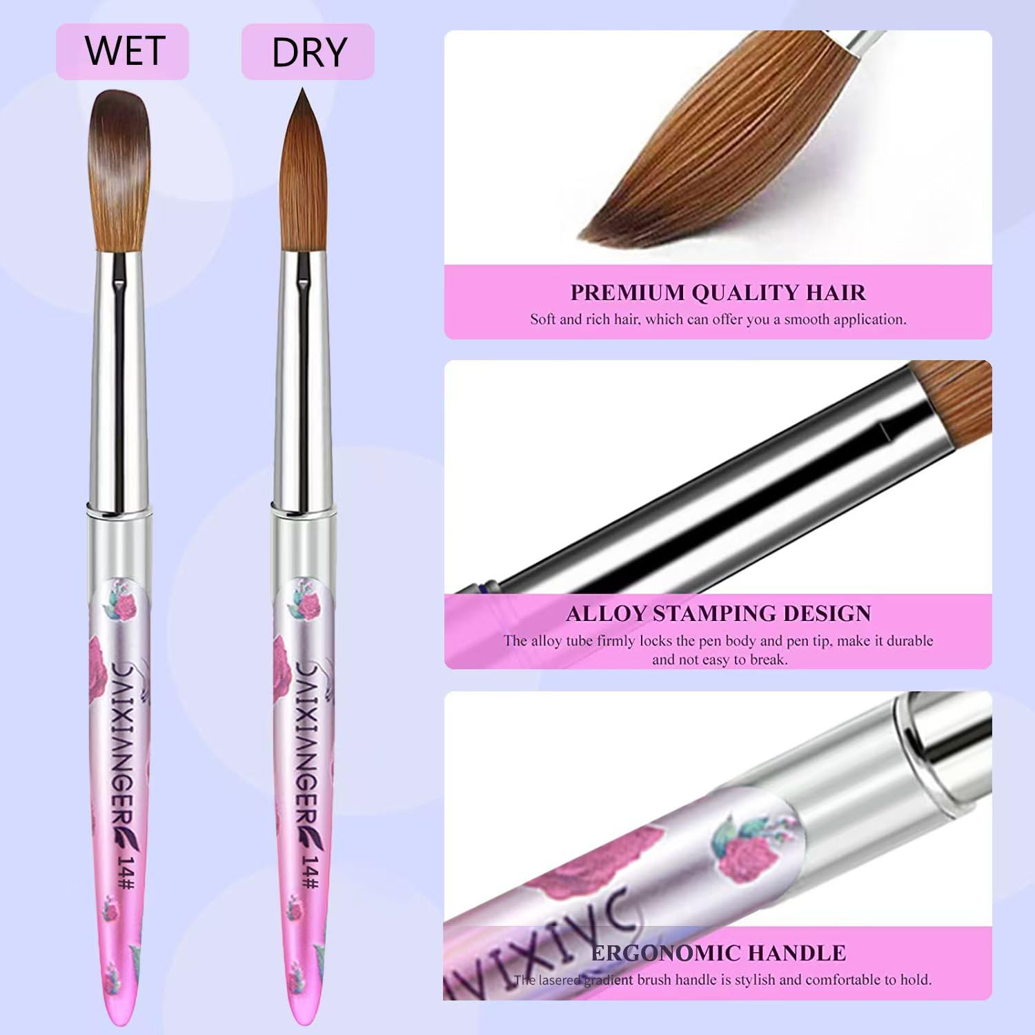 5PCS Acrylic Nail Brush Set - Size 8/10/14/16/18 Brushes for Acrylic Powder Application, 3D Carving & Nail Art Extension, Pink Flower Handle Nail Tools for DIY Salon Manicure