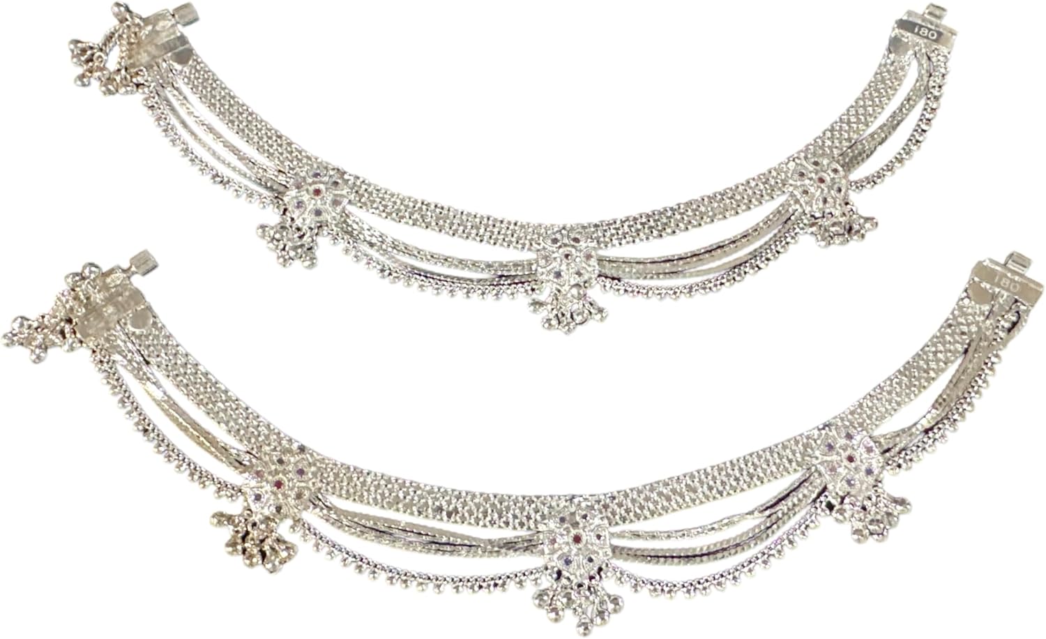 800 Silver Rajwada Hallmarked Pajeb Anklet with Meena & Bells - Style #20