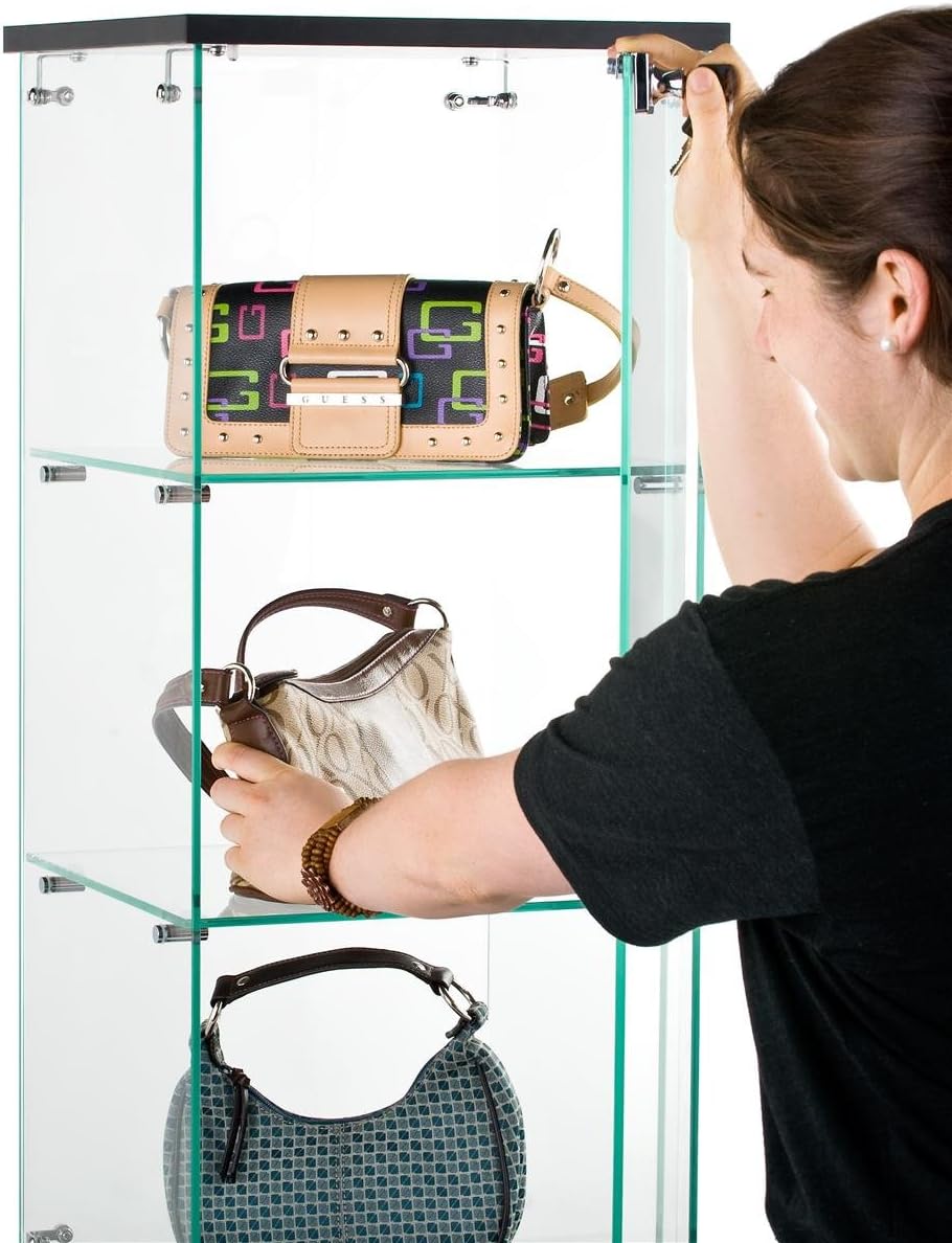 Displays2go Countertop Glass Showcases, Tabletop Mount, 2 Shelves, Wood, Melamine, Glass – Clear, Black (CTRDSBKEV2)