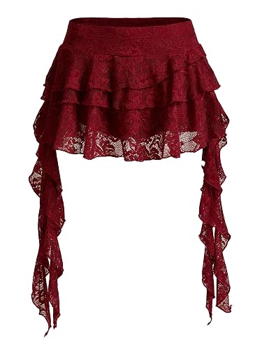Women's Y2K Mini Skirt Ruffle Lace Asymmetrical Cute Skirts Layered Flowy Pleated Skort with Shorts for Concert Party - Burgundy - Medium