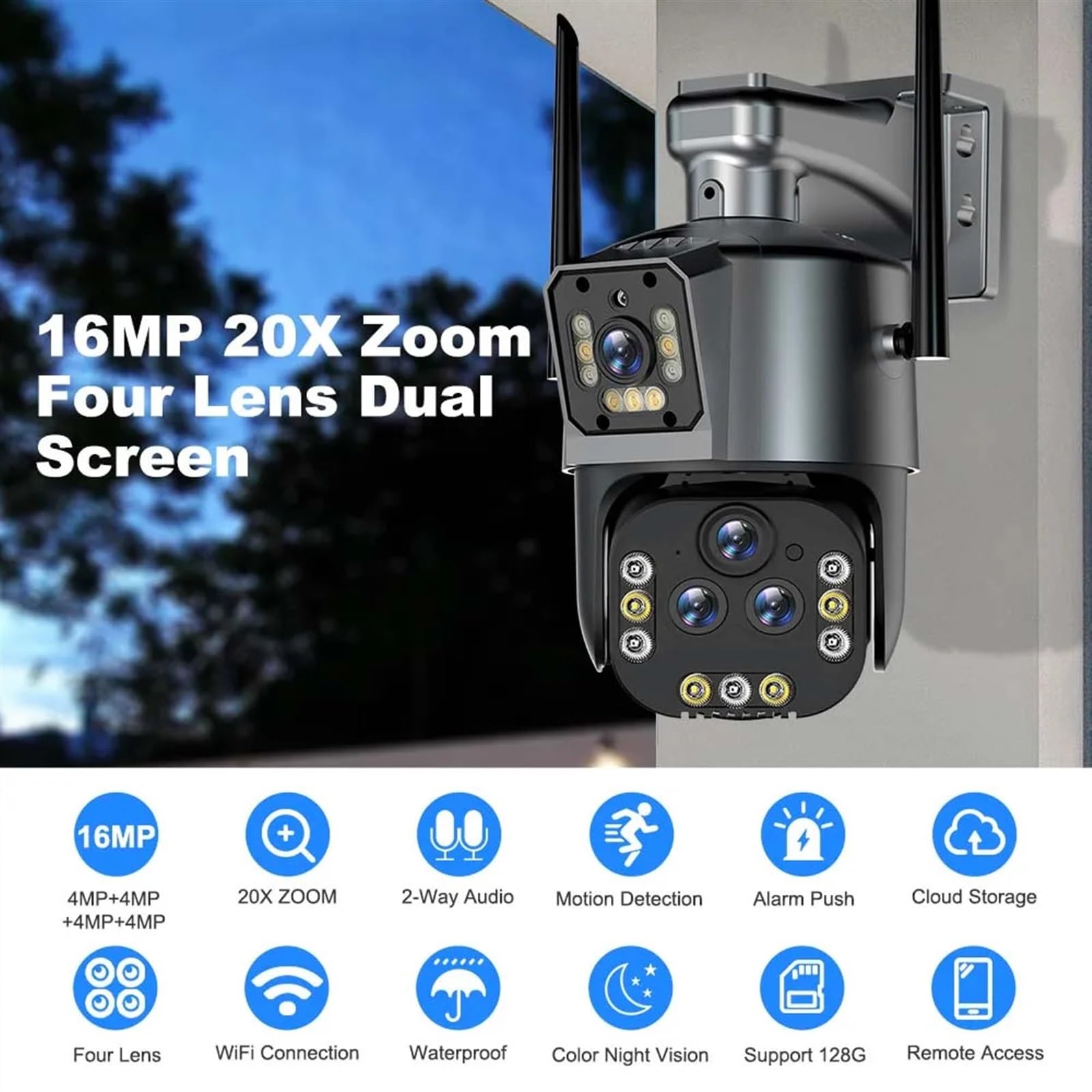 Telecamera Wifi Esterno, Telecamera IP 8K 16MP Zoom 20X PTZ Telecamera di sicurezza wireless esterna Telecamera CCTV a quattro lenti Telecamere di videosorveglianza 4K Smart Home ,Sicurezza, Antifurto