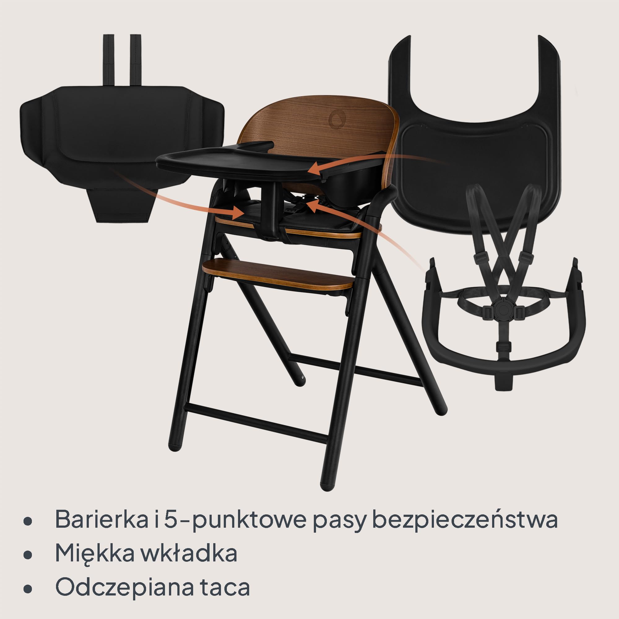 LIONELO Drewniane Krzesełko do Karmienia Celia, Rośnie z Dzieckiem od 6 miesięcy do 90 kg, Regulowany Podnóżek, 5-Punktowe Pasy, Poduszka na Siedzisko, Łatwe Czyszczenie