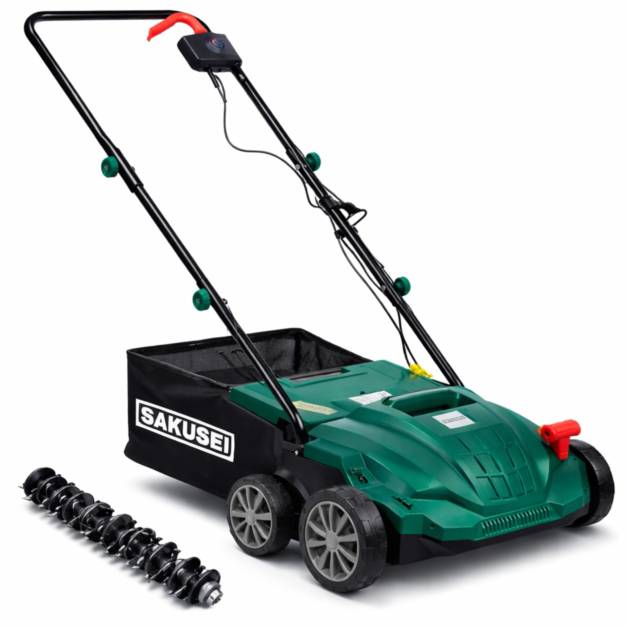 Escarificador/rastrillo/aireador eléctrico 1500 W, eliminación de hojas muertas y musgo, aireador de tierra, bolsa de 30 litros, cable 10 m