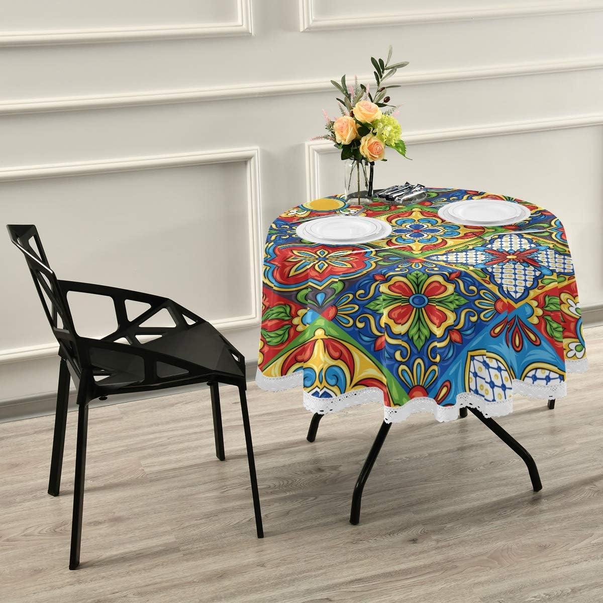 Mexican Talavera Round Tablecloth 60 Inch Waterproof Polyester Table Cover for Kitchen Dining Table, Buffet Parties and ​Camping