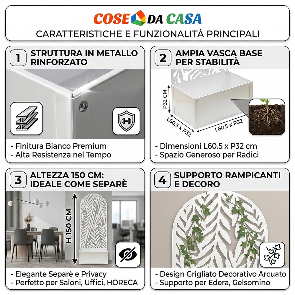 Fioriera con spalliera graticola rettangolare alta cm 150 vaso 60x32 in Metallo Bianco Separè Decorativo per Piante Rampicanti e Divisorio per Ambienti Design Moderno Ideale per Casa Bar Ristoranti.