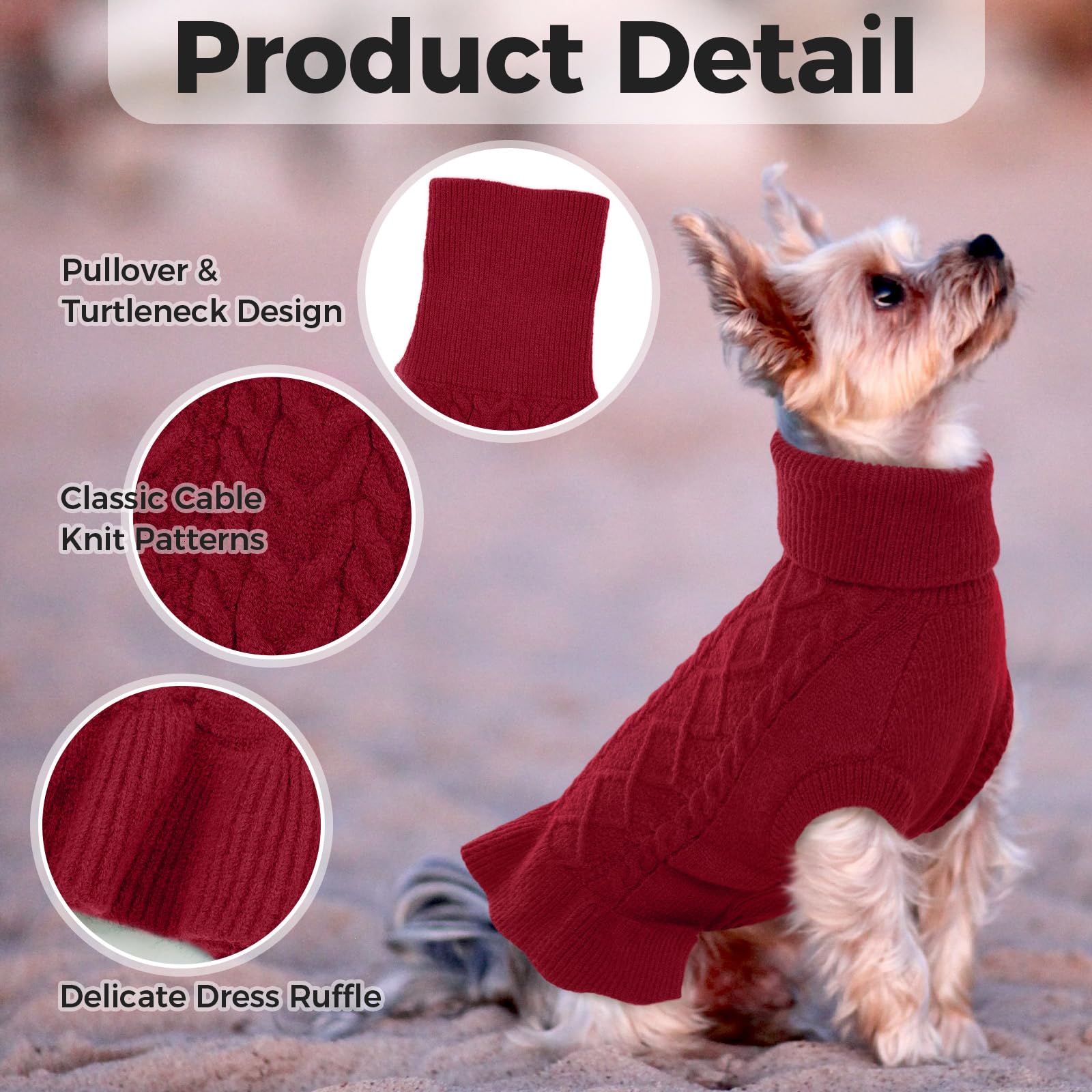 Lelepet Chandail de Noël à col roulé pour chien, en tricot torsadé – Robe chaude pour chiens de petite, moyenne et grande taille – Vêtement d'automne – Chihuahua, taille XS – Rouge