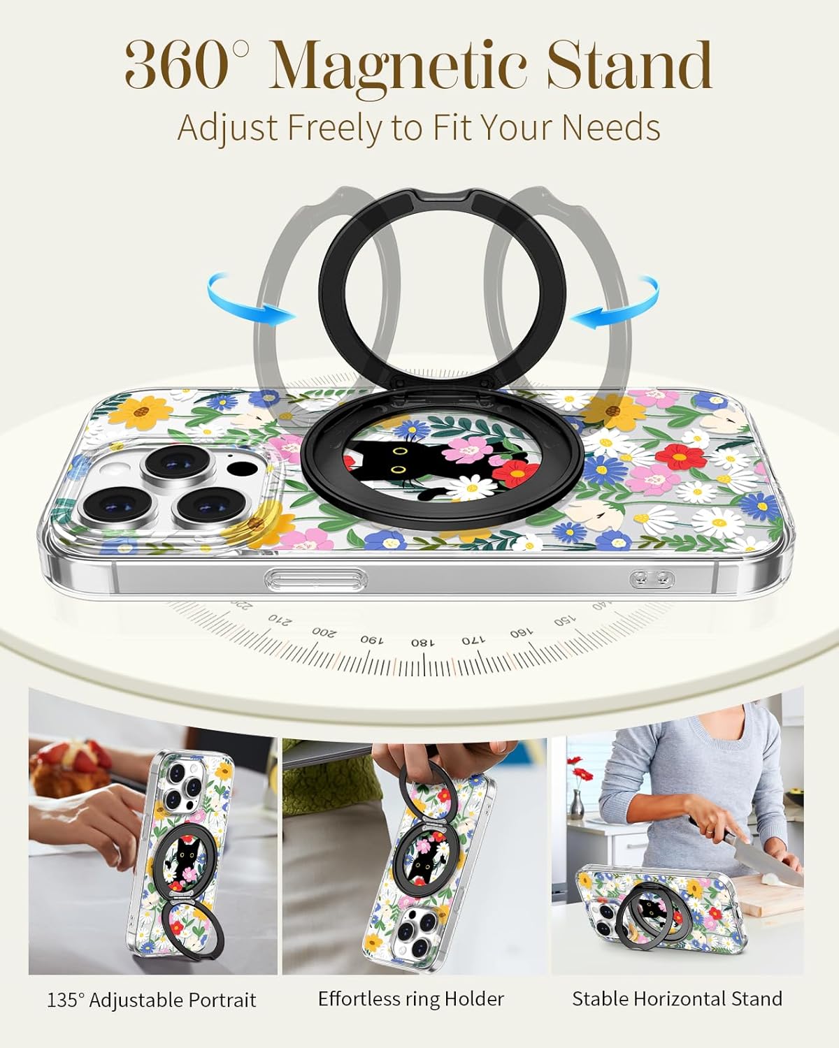 Loheckle for iPhone 14 Pro Max Case with Stand- Compatible with MagSafe Women Girls Cute Clear Aesthetic Unique Design Soft TPU Magnetic Ring Phone Cover for Apple 14 Promax, Cat Flower - Image 4
