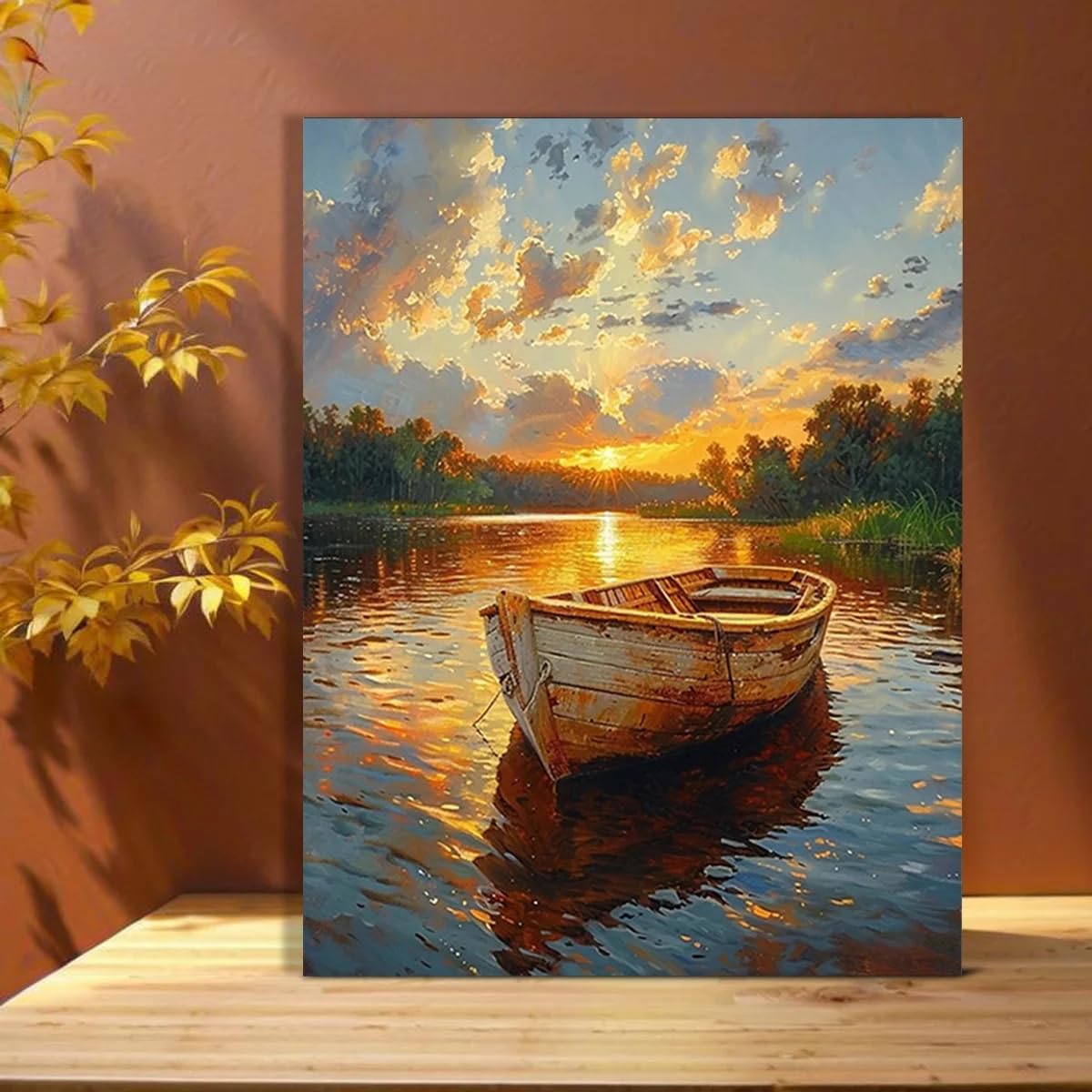 GOSRD Canvas Prints Painting Featuring A Serene Sunset Over Lake With Boats Home Decor(70x100cm)