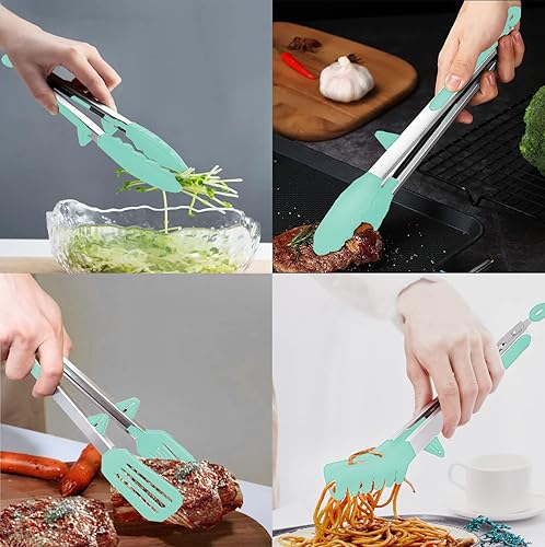 Miniatura 2 de Juego de 4 pinzas de cocina de silicona, antiadherentes de acero inoxidable con puntas de silicona sin BPA para servir pasta, espagueti, bistec,