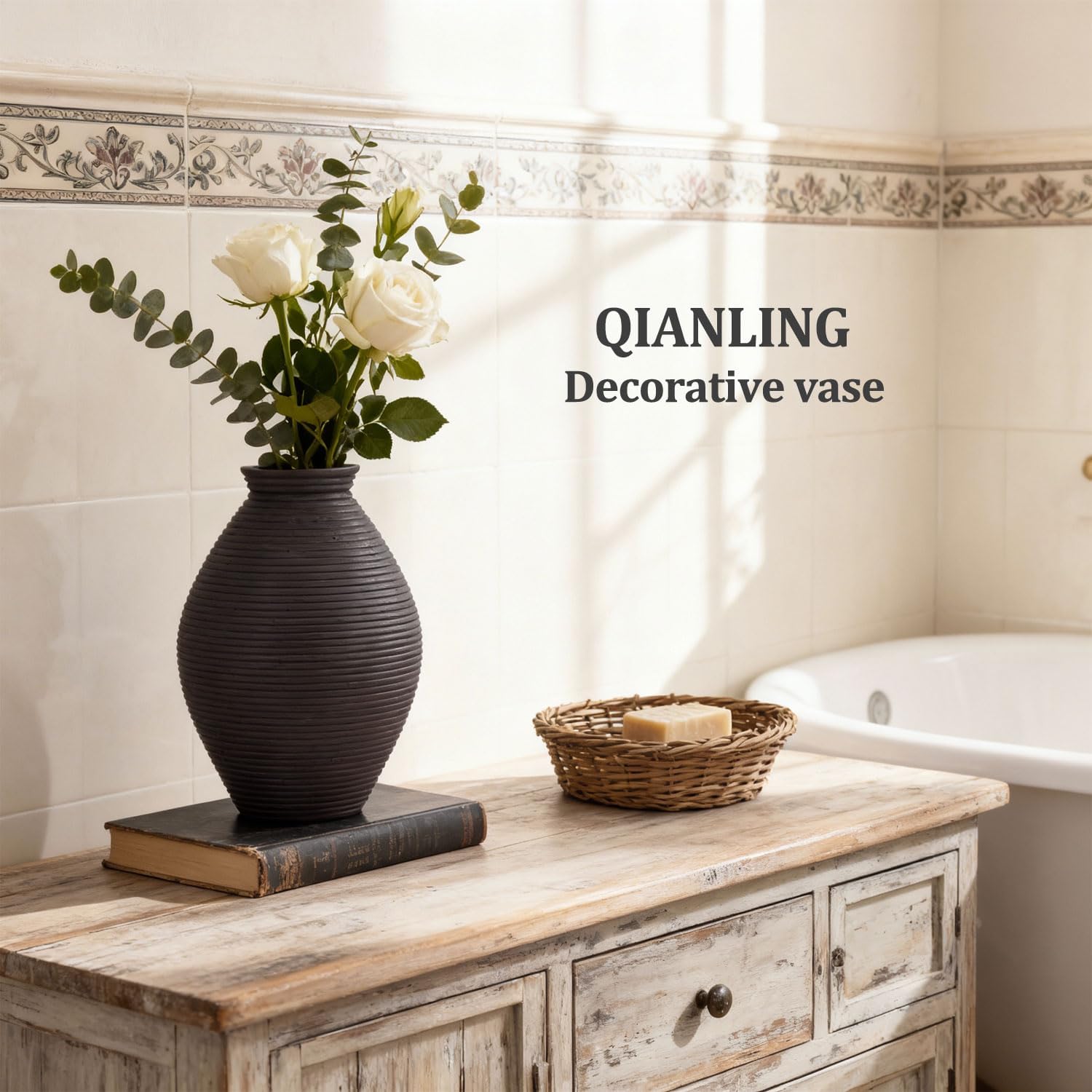 Modern Distressed Resin Vase, 8.5 Inch Rustic Farmhouse Vase for Home Decor, Minimalist Tall Vases for Living Room Table, Bathroom Holiday Weddings Book Shelf Office Coffee Desk Fireplace (Black)