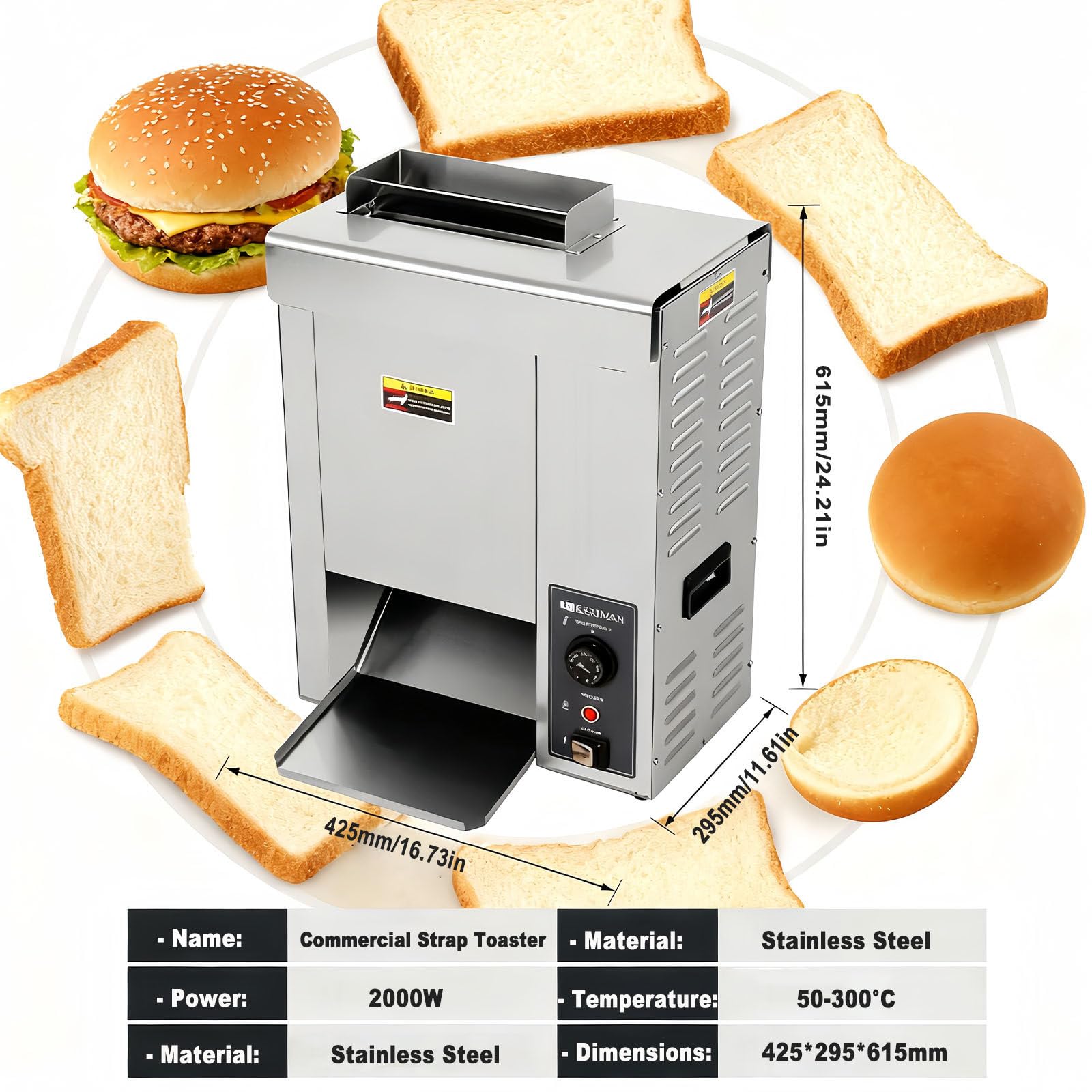 Tostadora Vertical De Hamburguesas Comercial, con Temperatura Ajustable De 50 A 300 °C para Restaurantes De Comida Rápida, Panaderías Y Restaurantes, 2000 W.