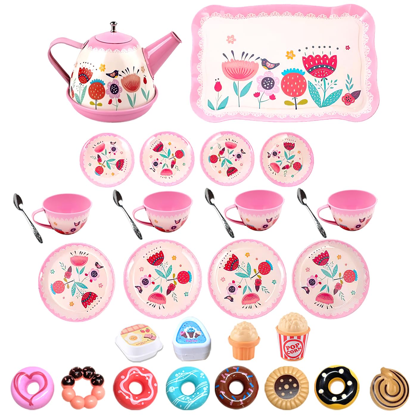 KoolBitz Tea Party Set For Toddlers, Tin Tea Set Pretend Play Kitchen Party Set for Children With Teapot & Dishwasher & Safe Cups Dessert Cupcake Muffins Donuts For Kids Ideal Role Play Gift Age 3+