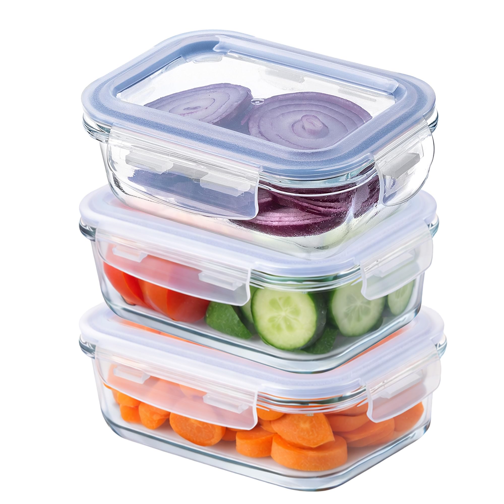 KADAX Glasbehälter 370 ml mit Deckel, 3er Set, rechteckige Frischhaltedosen aus Glas für Heißluftfritteuse, Lebensmittelbehälter mit Klickverschluss & Silikondichtung