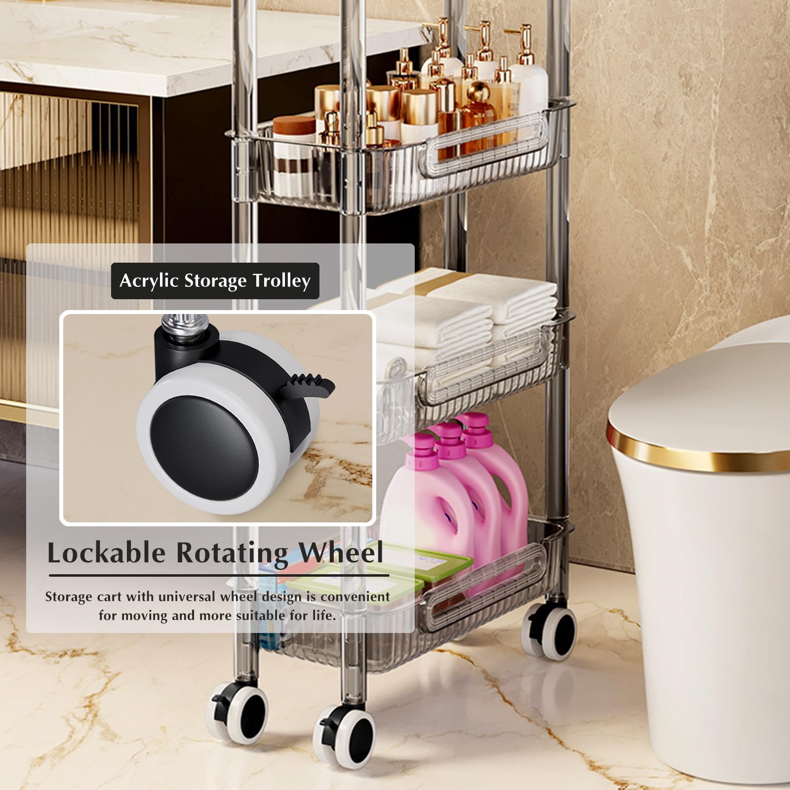 Carrello Portaoggetti Sottile, Carrello Multiuso in Acrilico per Bagno da Cucina con Scaffalatura Mobile Multifunzione con Maniglia,Grigio,3 Tier