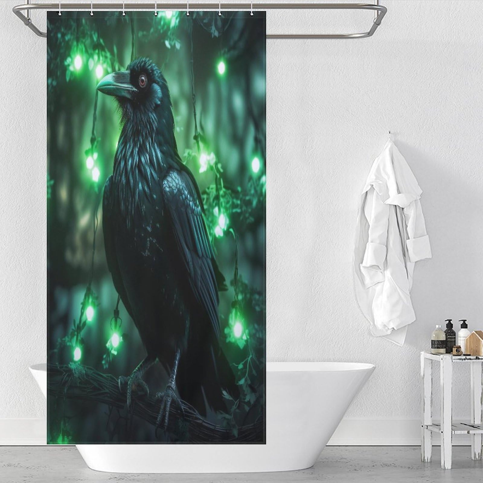 Rideau de douche corbeau en polyester pour transformer l'ambiance de votre salle de bain